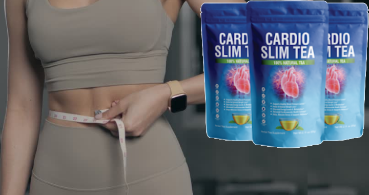 Woman measuring her slim waist next to Cardio Slim Tea pouches — real weight loss results
